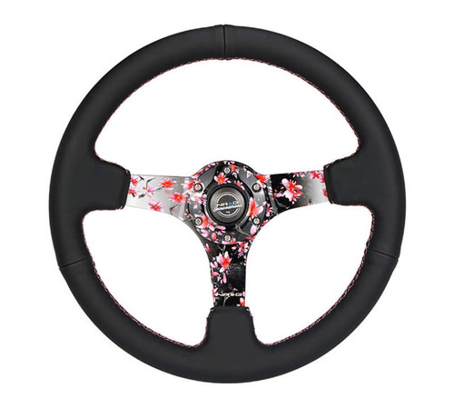 NRG Reinforced Steering Wheel (350mm/3in.) Hydro Dipped Sakura Floral w/ Pink Suede Black Stitch - RST-036SAK-R Photo - Primary