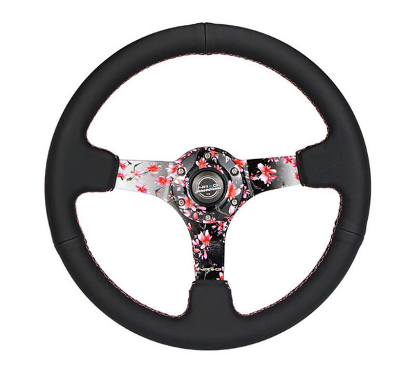 NRG Reinforced Steering Wheel (350mm/3in.) Hydro Dipped Sakura Floral w/ Pink Suede Black Stitch - RST-036SAK-R Photo - Primary