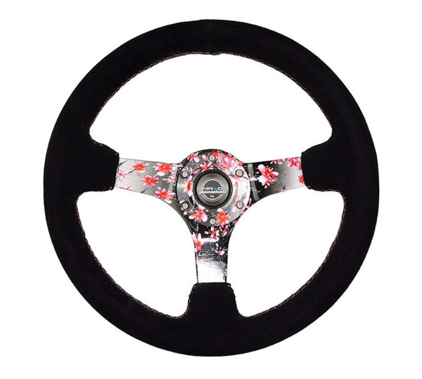 NRG Reinforced Steering Wheel (350mm) 3in Deep Pink Sakura Floral Solid Spoke - Black Suede/Stitch - RST-036SAK-S Photo - Primary